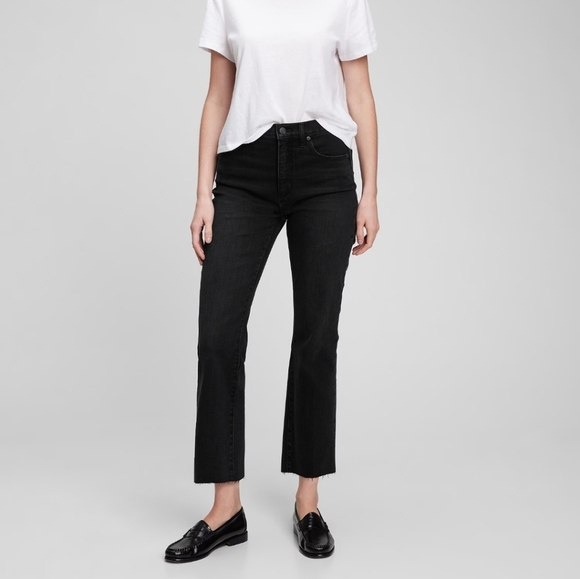 Gap Black Straight Leg Mid Rise Stretchy Jeans Cropped Crops Frayed Raw Hem 90s - Picture 1 of 14